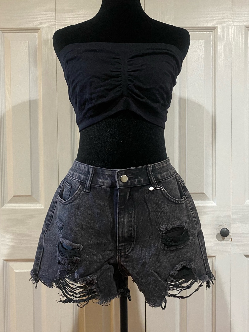 Black/Gray Wash Distressed Raw Hem High Waist Denim Shorts